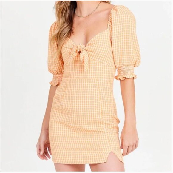 NWT Altar'd State Gingham Puff Sleeve Tie Front Mini Dress Apricot size L - Picture 1 of 14